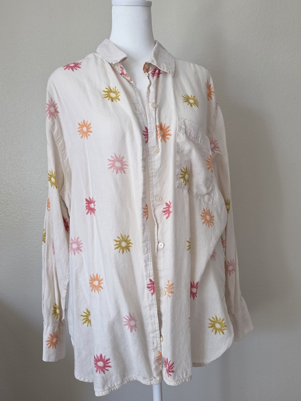 Old Navy Cream Button-Down Shirt with Pink, Orange & Yellow Sunburst Print
